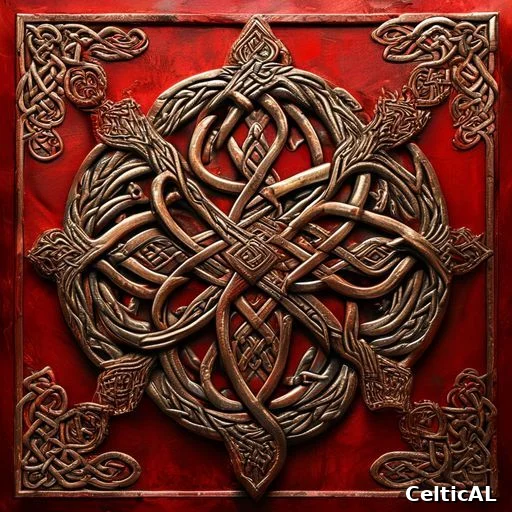 Nodo celtico in ottone su sfondo rosso scuro