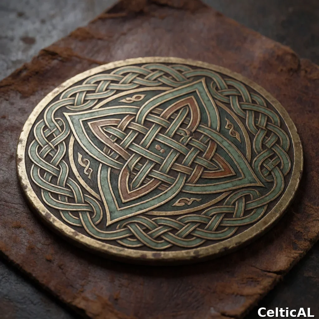 Medaglione a nodo celtico ornato, struttura nodo quadrato, stile gallese medievale, incisione su metallo in tasso, palette celadon e ruggine, su cuoio consumato.