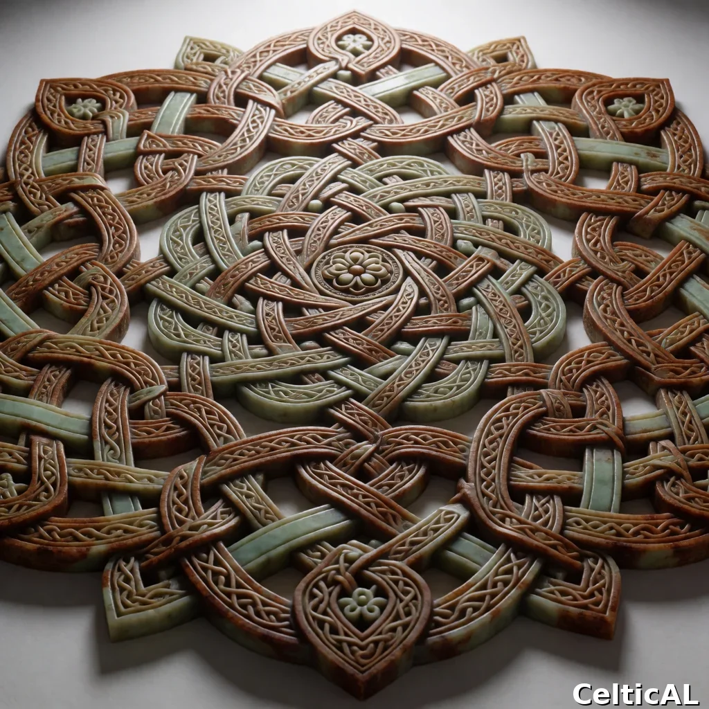 Disegno a intreccio insulare denso, struttura rosetta-mandala, stile pitta, bassorilievo in giada, palette celadon e ruggine, su bianco osso.