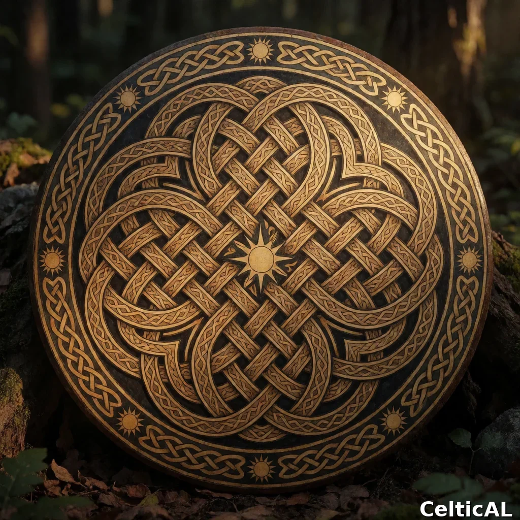 Disegno a intreccio insulare intricato, struttura nodo del serpente, stile vichinga Urnes, smalto cloisonné in tasso, palette inchiostro monocromatico, su sottobosco profondo; Compare anche il motivo ruota solare ripetuto sul bordo.
