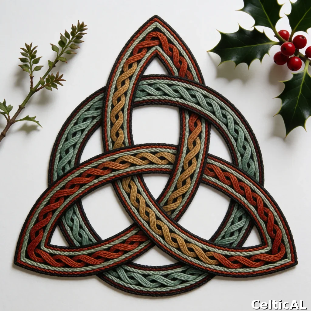 Pannello di intreccio celtico minimalista, struttura triquetra, stile iberno-norrena, ricamo in ferro, palette celadon e ruggine, su bianco osso; L'intreccio è accompagnato da agrifoglio, con resa accento rado.