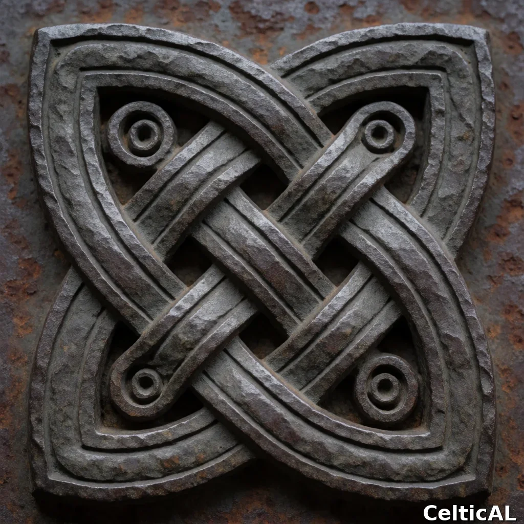 Nodo celtico senza fine ornato, struttura nodo di Stafford, stile La Tène, intaglio su pietra in corno di cervo, palette osso e ferro, su lastra di ferro arrugginito; Compare anche il motivo doppia spirale centrale dominante.