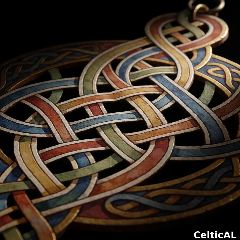 Ornamento a nodo celtico intricato, struttura nodo degli amanti, stile insulare irlandese, acquerello in sambuco, palette freddo nordico, su vuoto nero.