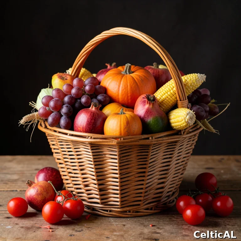 Cesto di vimini colmo di frutta autunnale: zucca, melagrane, uva, mais e pomodori, doni del secondo raccolto di Mabon