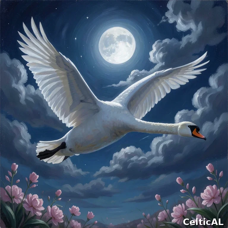 Cigno bianco in volo notturno con luna piena: l'uccello dell'equinozio nella tradizione celtica, simbolo dell'immortalità dell'anima
