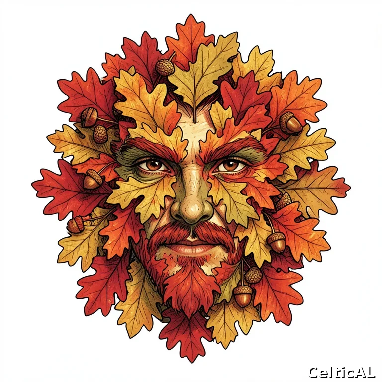 Green Man autunnale di Mabon: volto antico di una divinità della natura formato da foglie rosse, gialle e arancio e ghiande di quercia