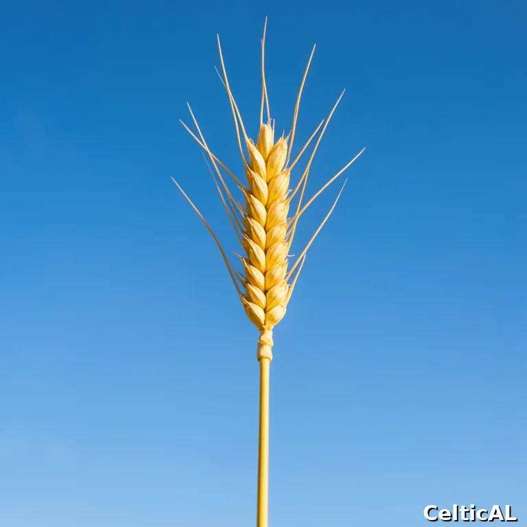 Spiga di grano dorato contro cielo azzurro: il simbolo dei Misteri Eleusini e del ciclo di morte e rinascita celebrato a Mabon